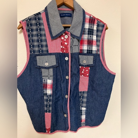 Karen Scott Patchwork Denim Vest L - Picture 2 of 6